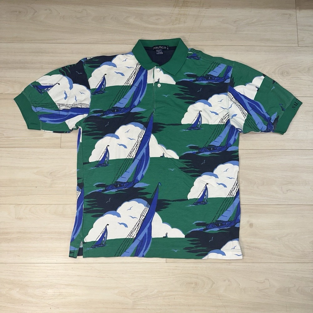 Vintage‎ 90s Nautica Men's Sail Boat AOP Polo Shirt Size Medium Sailing Retro
